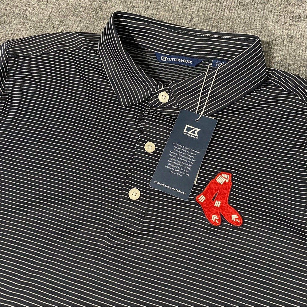 Boston Red Sox Cutter Buck Mens Medium Forge Eco Fine Line Stripe Navy Polo NWT